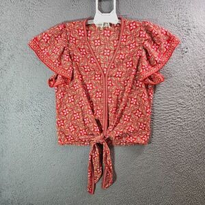 Max Studio Cropped Top Women Small Cap Sleeve Colorful Geometric Orange‎ Tone